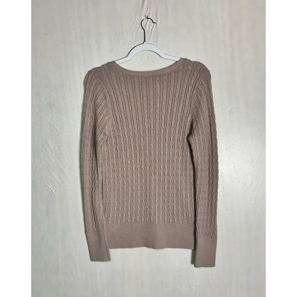 Abercrombie & Fitch Womens Dusty Rose Cable Knit V-Neck Sweater Moose Logo Sz L